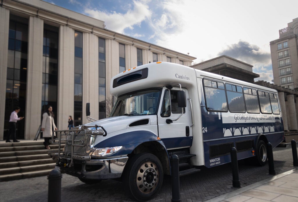 Capitol Campus Shuttle bus at the McDonough Hall bus stop on the Capitol Campus