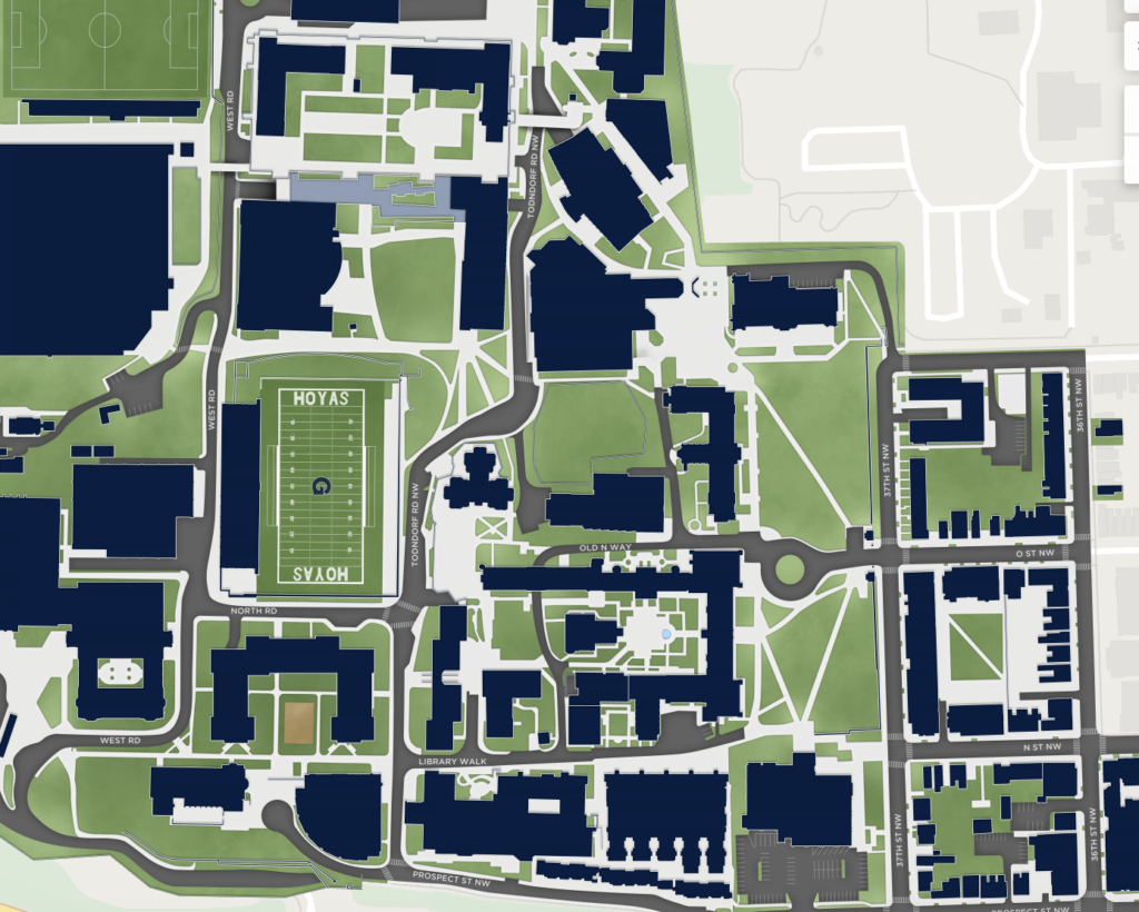 illustrated aerial view map of Georgetown's Hilltop Campus