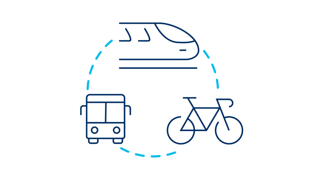 blue line icons showing a bus, bicycle, and train connected by a light blue dotted line