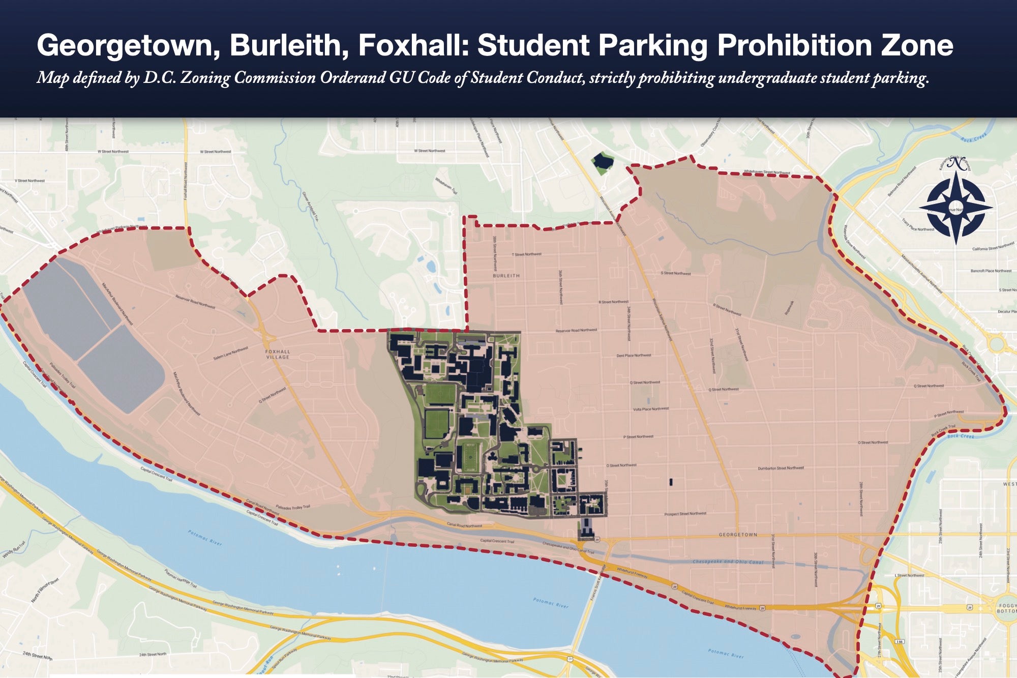 Map outlining the prohibited areas for undergraduate student parking in the Georgetown, Burleith and Foxhall neighborhoods.