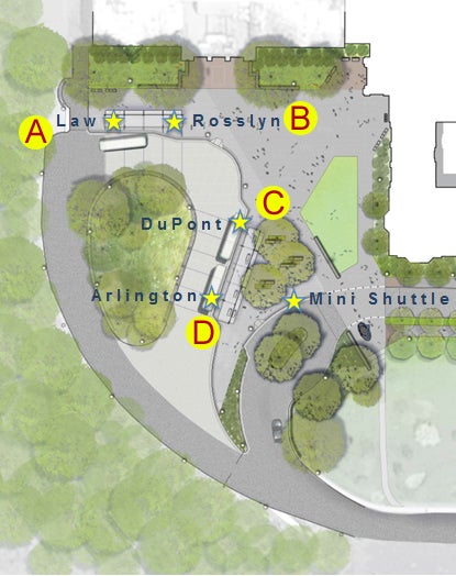 Map of Bus Turnaround showing the locations of the GUTS bus stops, clockwise from the southwest corner of McDonough Gymnasium: Law Center shuttle, Rosslyn shuttle, Dupont shuttle and Arlington shuttle
