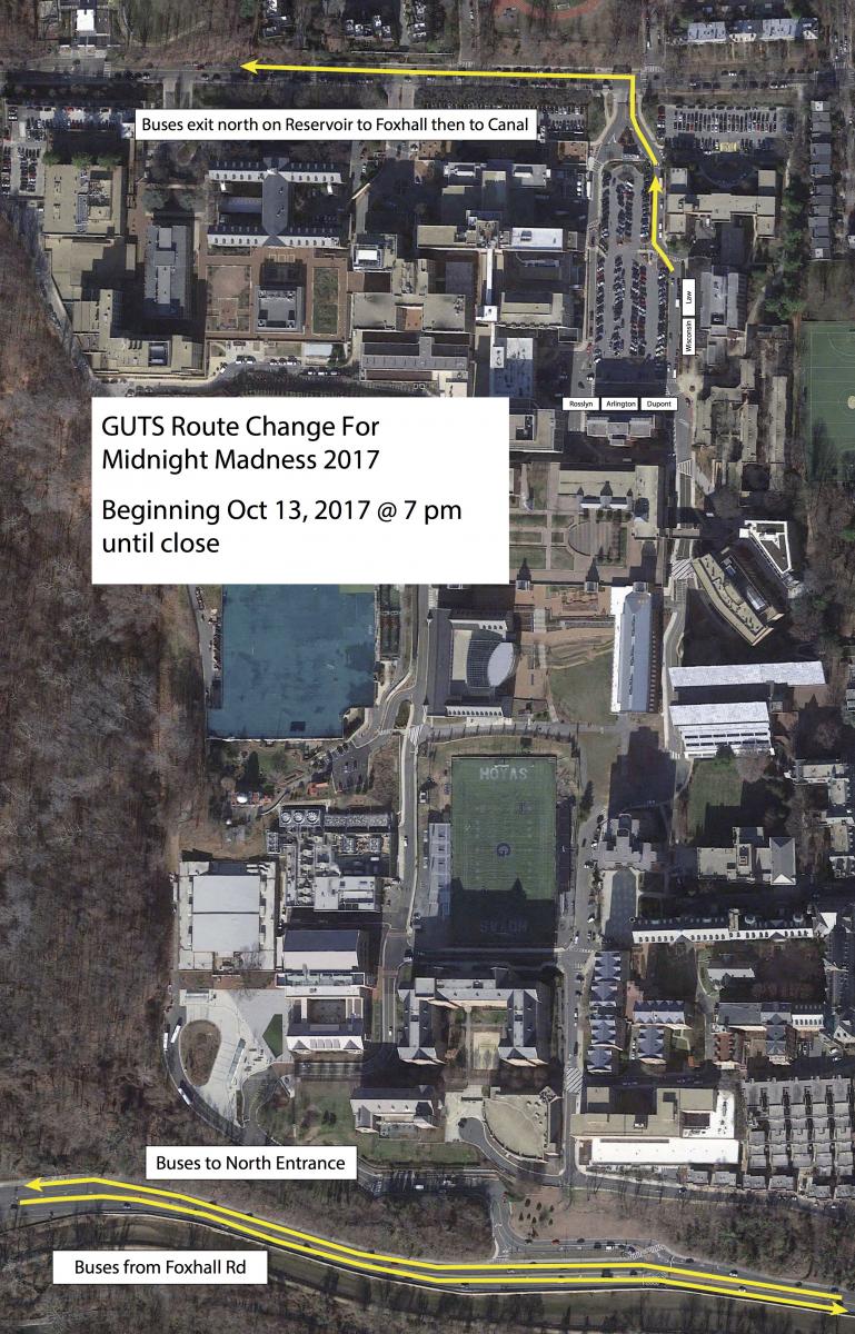 Map of campus showing GUTS shuttles rerouting through north end of campus on evening of Friday, October 13, 2107.