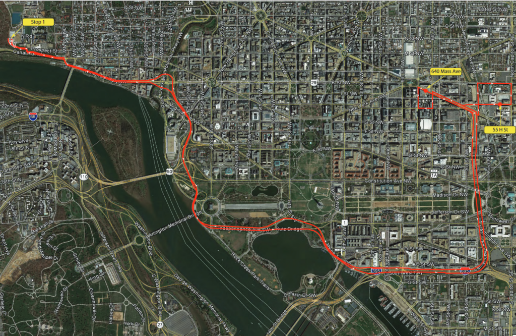 Map of Downtown Campus shuttle showing route between Bus Turnaround on Main Campus, 640 Massachusetts Avenue and 55 H Street.